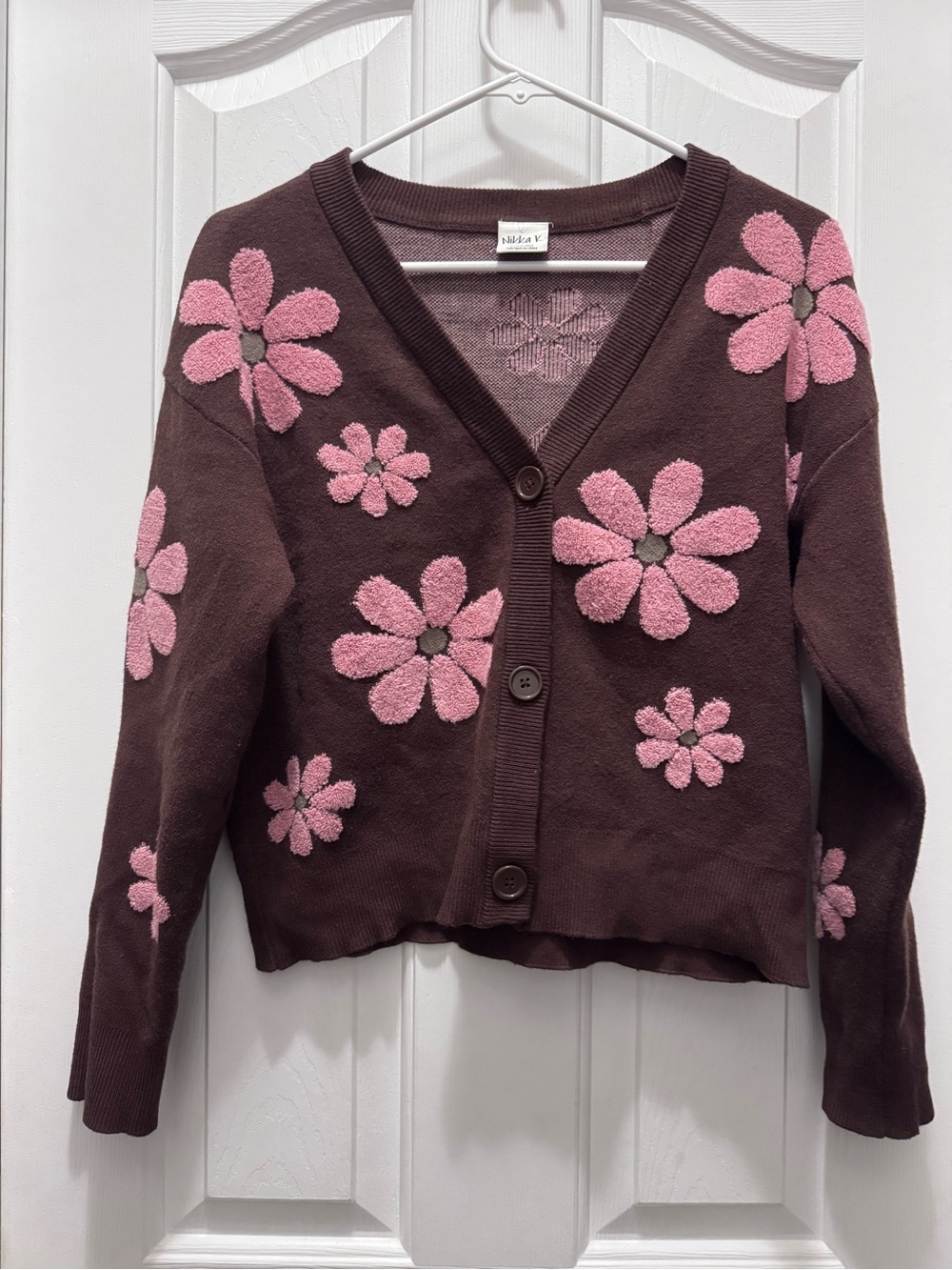 Brown V-Neck Cardigan with Pink Floral Appliqués 70s groovy vibes clean! Size S